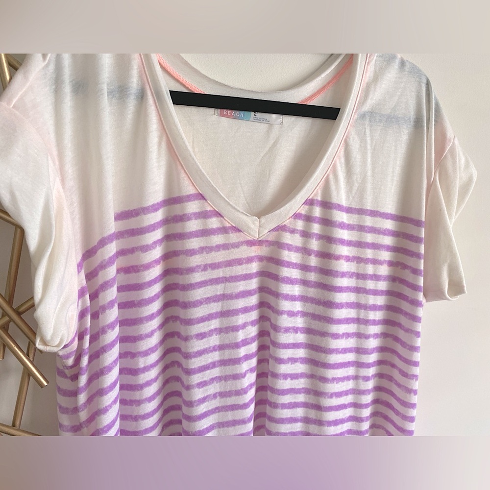 Free People Beach Long V-Neck Tee Cream with Purple Stripes & Rolled Sleeves -XL - Picture 3 of 4